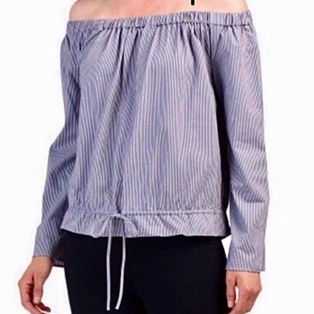 Theory Odettah Off the Shoulder Top Seersucker Striped Blue White Medium Z